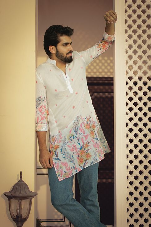 White Floral Printed Kurta