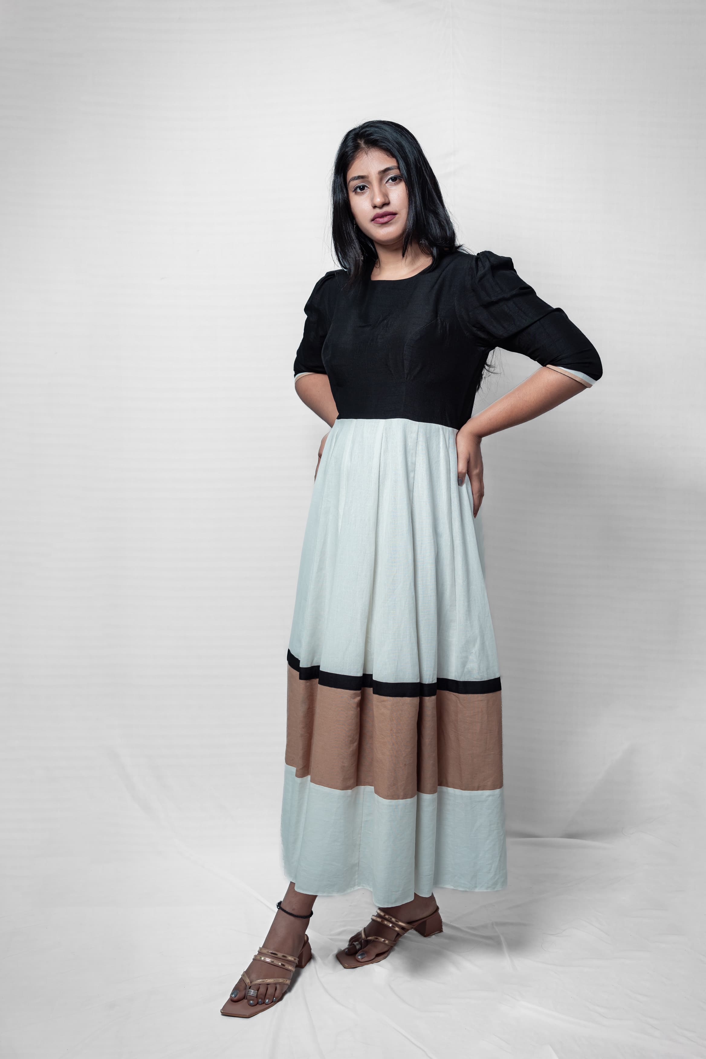 Color Block Casual Dress in Falling Raw Silk and Mul Cotton