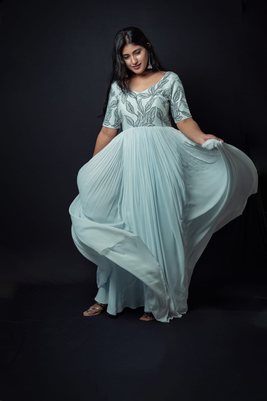 Embroidered Pleated Anarkali Dress in Light Blue