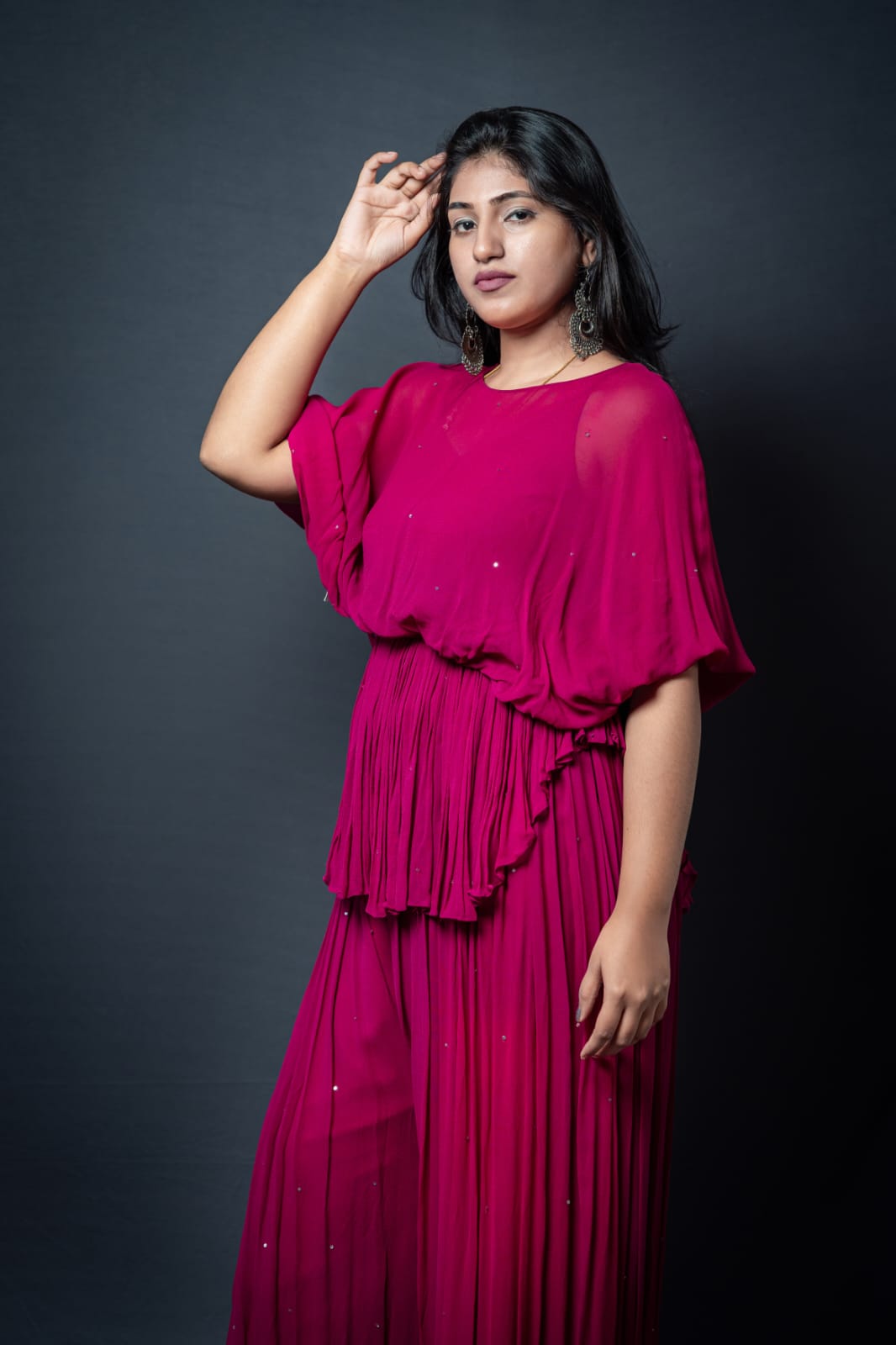 Pink Pleated Fusion Dress in Fuchsia with Top