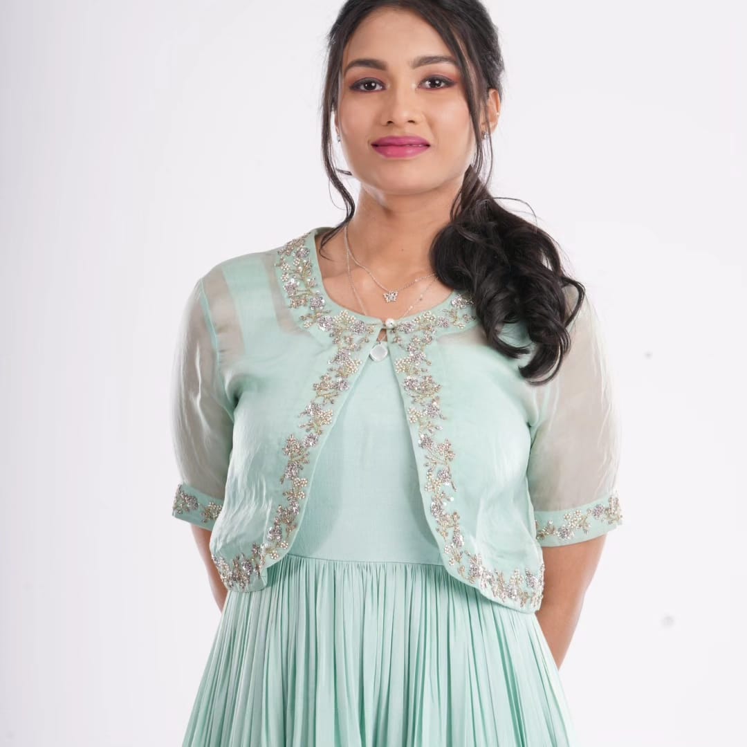 Mint Green Pleated Dress with Embroidered Organza Jacket