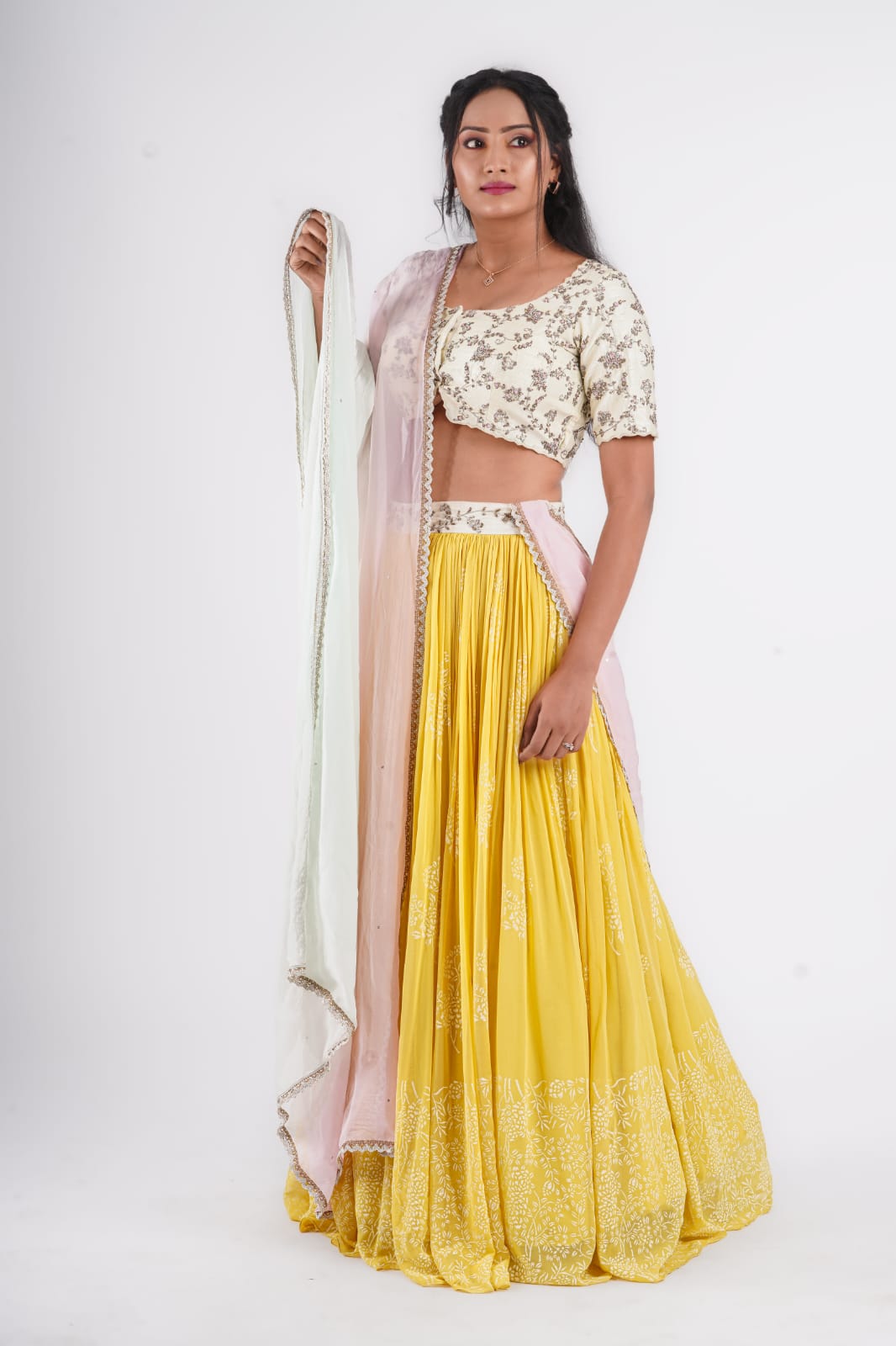 Cream knot raw silk lehenga