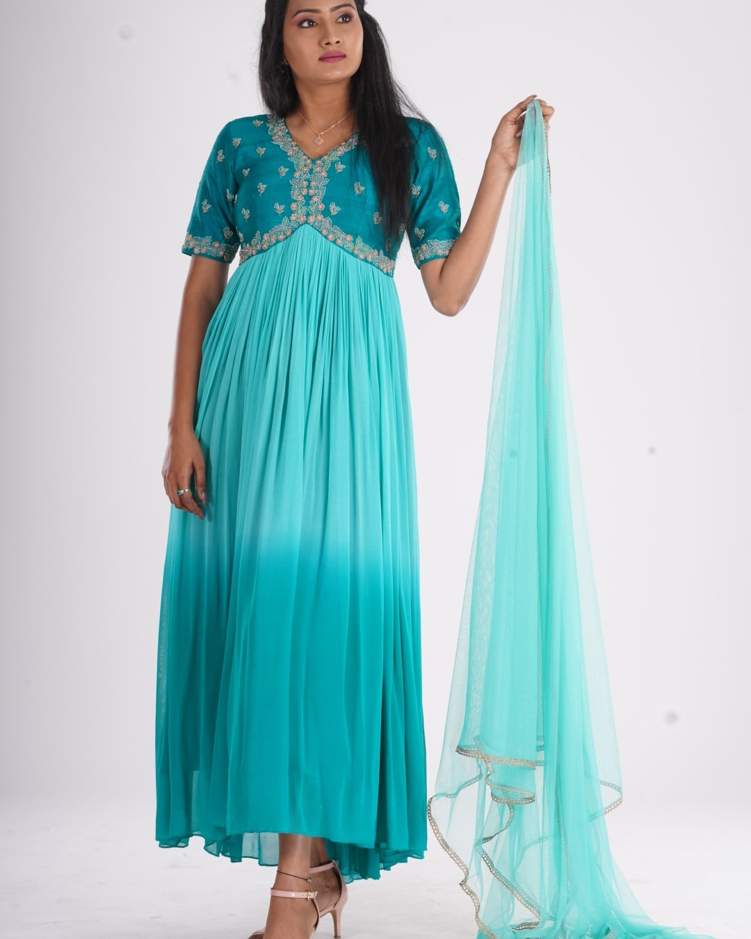 Turquoise Embroidered Chiffon Anarkali Set